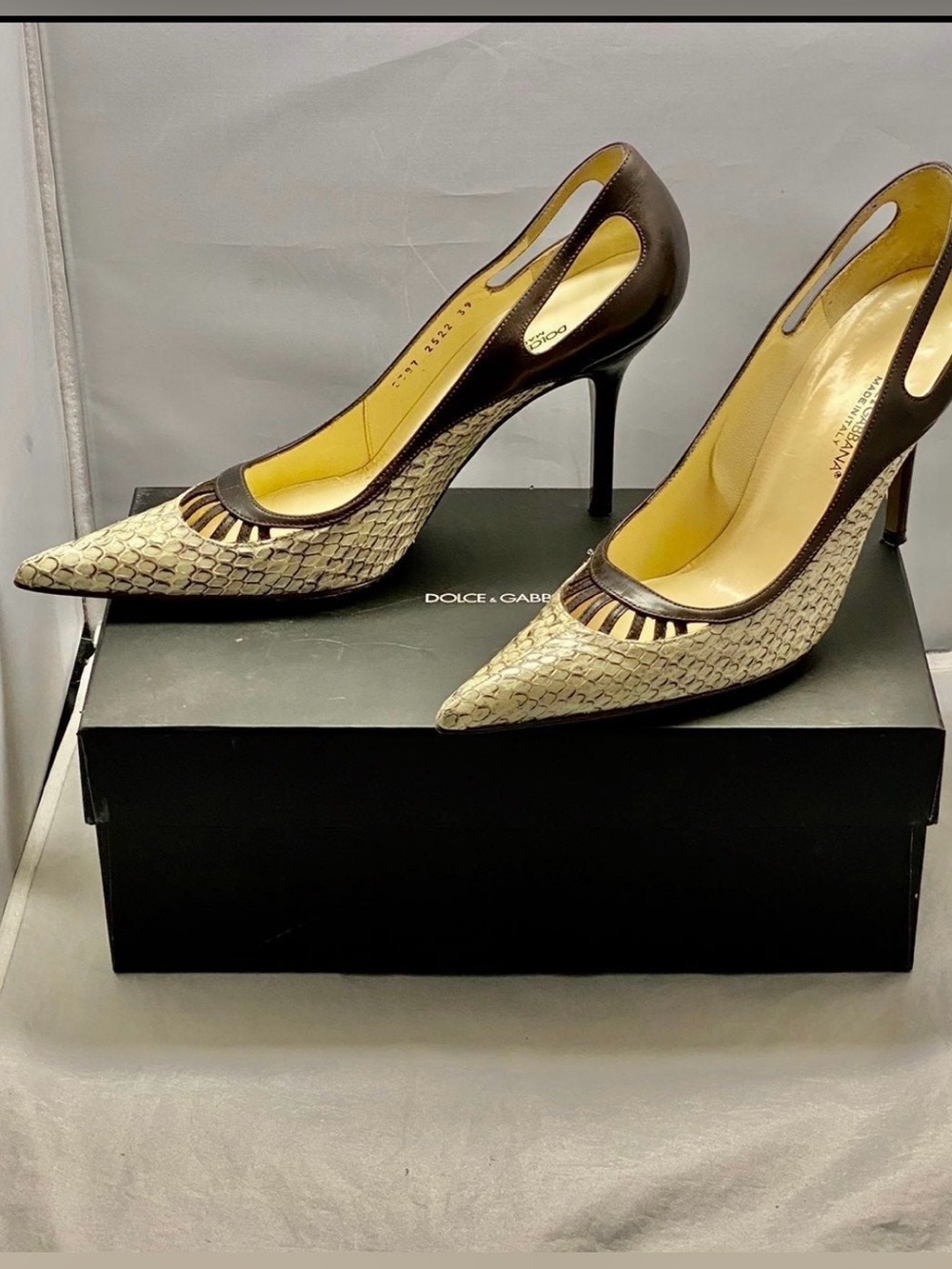 Dolce & Gabbana Cream and Brown Snakeskin Pointed Stiletto Pump